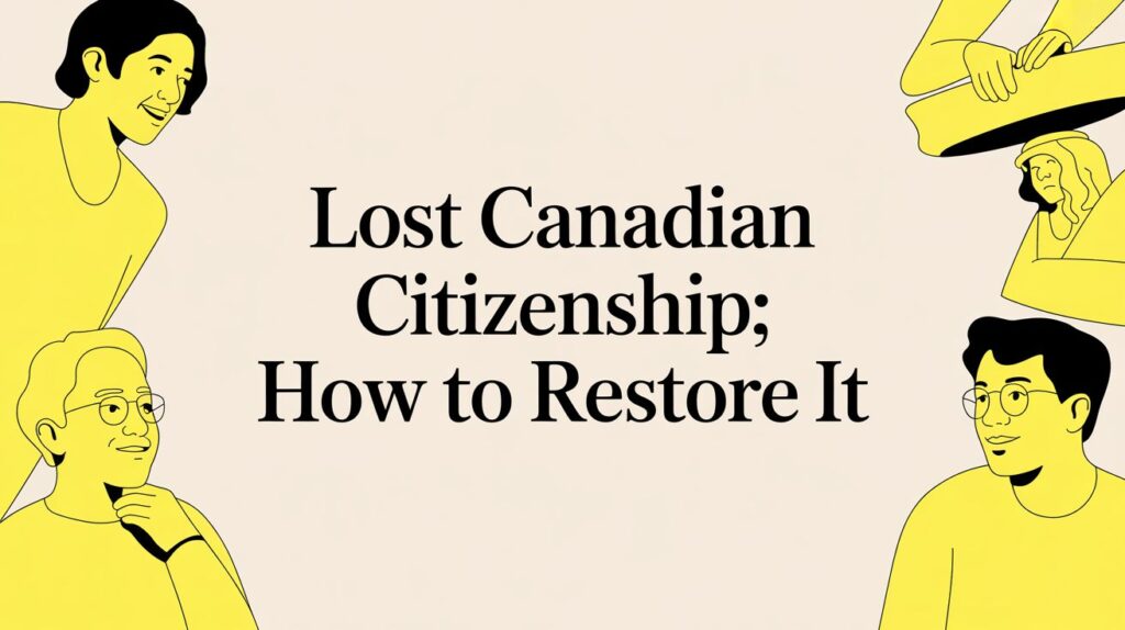 Illustration with yellow figures around a beige background and the title 'Lost Canadian Citizenship; How to Restore It' in the center.