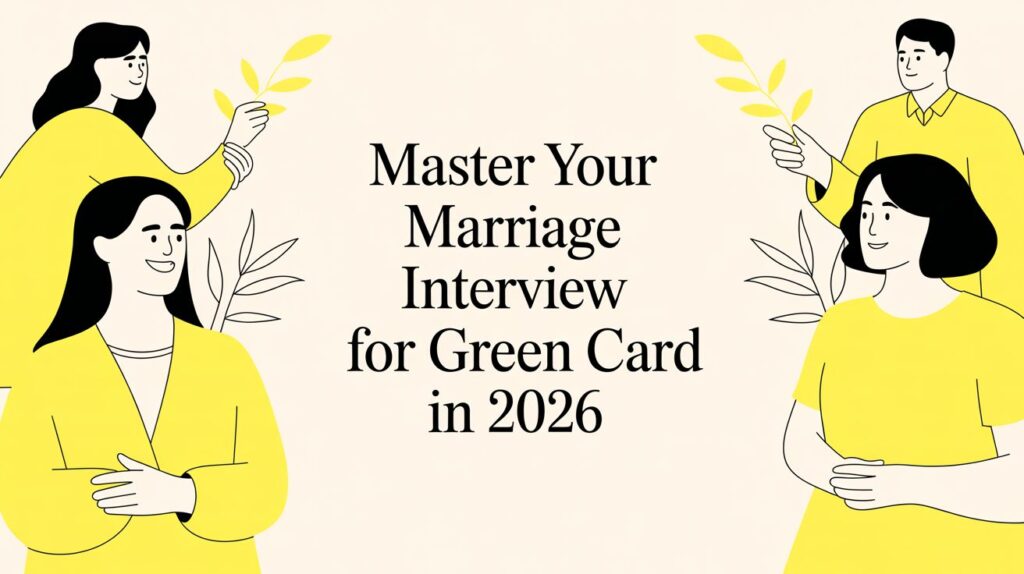 Illustration of four people in yellow clothing surrounding a central message about mastering the marriage interview for a green card in 2026 on a light beige background.