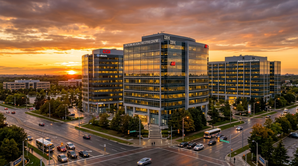 Office buildings including CGI, Altstate, IBM, and York Region Executive Centre at sunset
