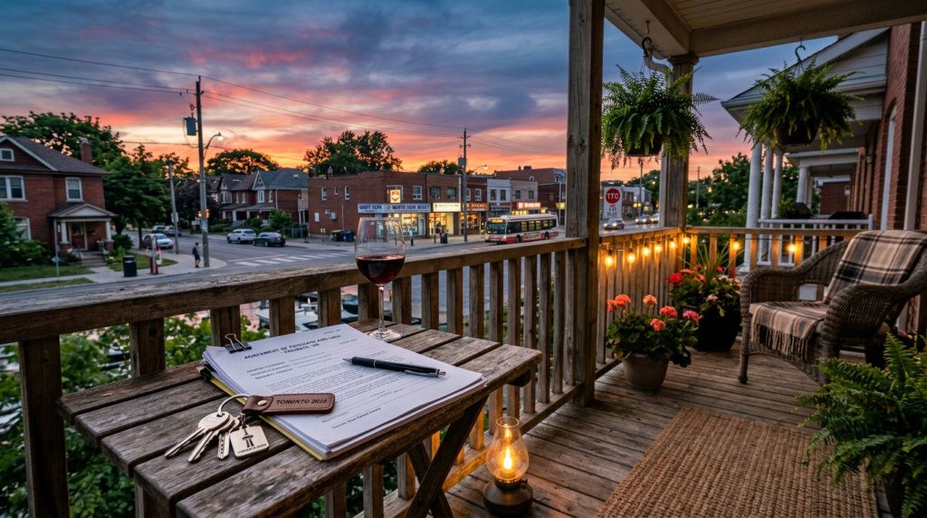 Balcony table with real estate documents, keys, pen, and wine glass overlooking Toronto skyline at sunset