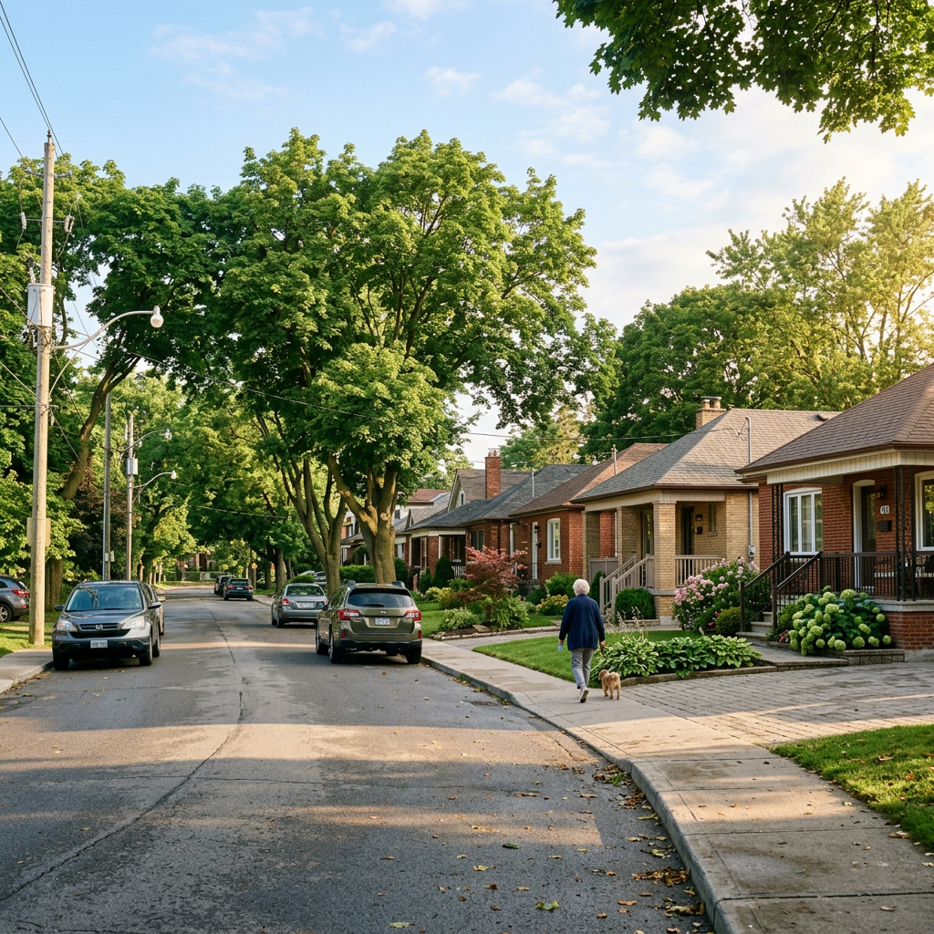 Elderly person walking a small dog on a suburban sidewalk with parked cars and leafy trees