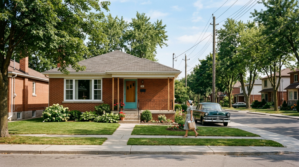 A woman walking on a sidewalk past a single-story brick house and a vintage car parked on the street