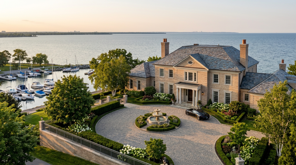 Large coastal mansion with stone exterior, circular driveway, water fountain, landscaped garden, and ocean view