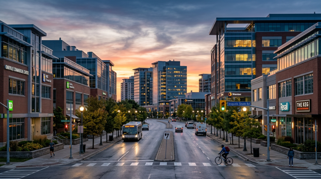Street with modern buildings, vehicles, cyclist, pedestrian, and sunset sky