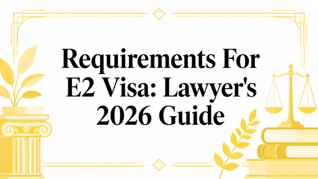 Decorative gold border with legal imagery surrounding the title: 'Requirements For E2 Visa: Lawyer's 2026 Guide'