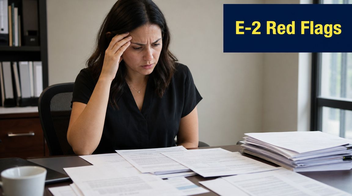 A stressed woman sitting at a desk overflowing with paperwork while considering E-2 visa requirements.