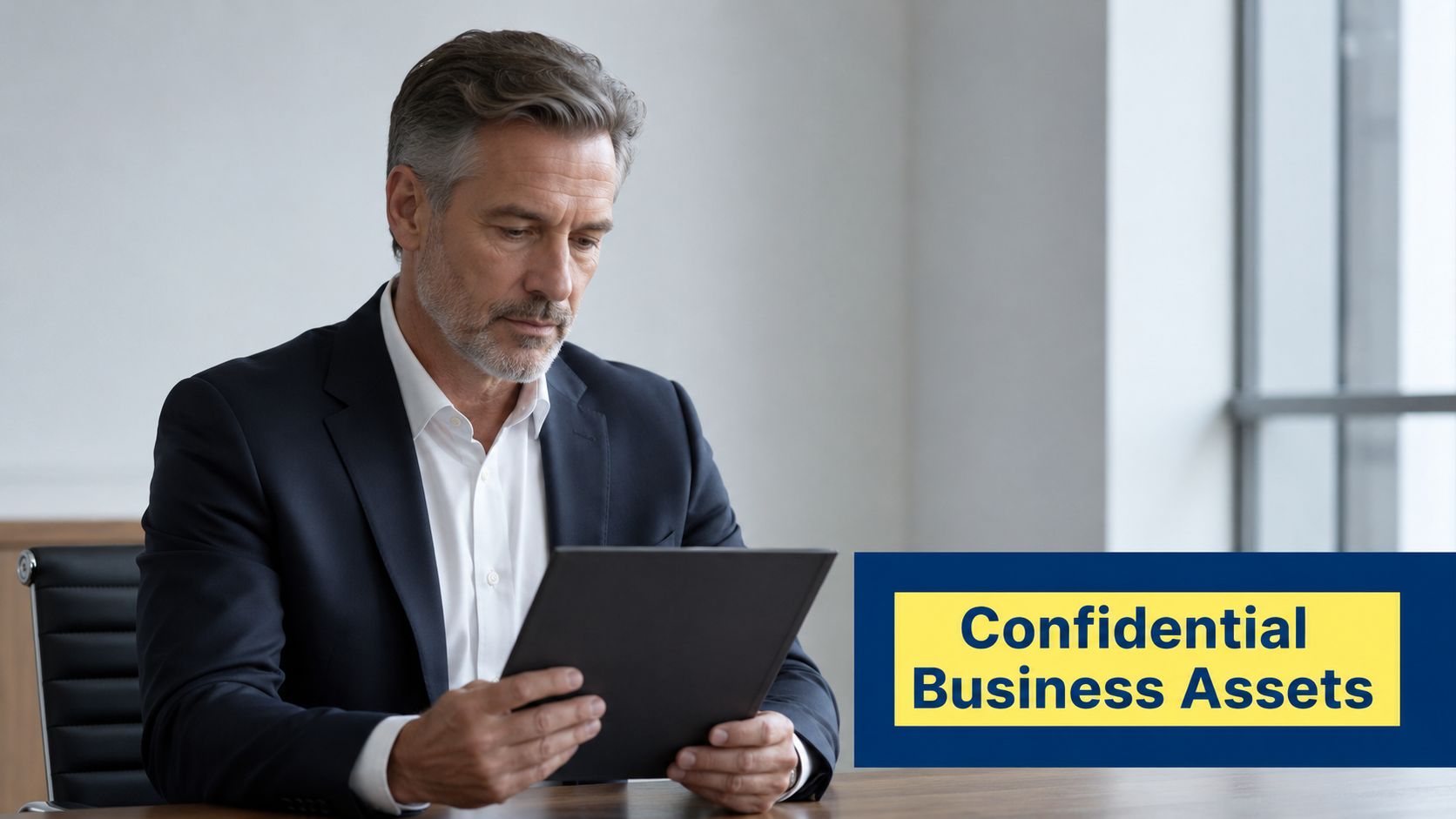 A professional businessman in a suit reviewing confidential business documents at his office desk.