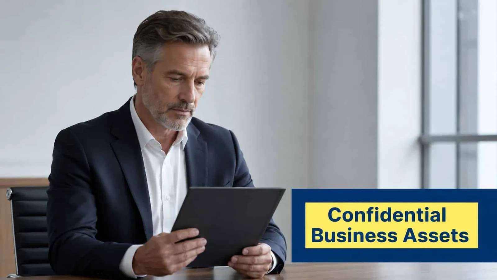 A professional businessman in a suit reviewing confidential business documents at his office desk.