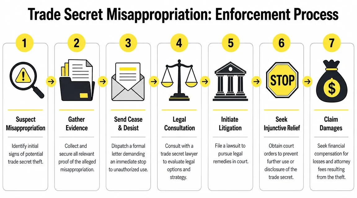 A seven-step flowchart infographic illustrating the legal enforcement process for addressing trade secret misappropriation.