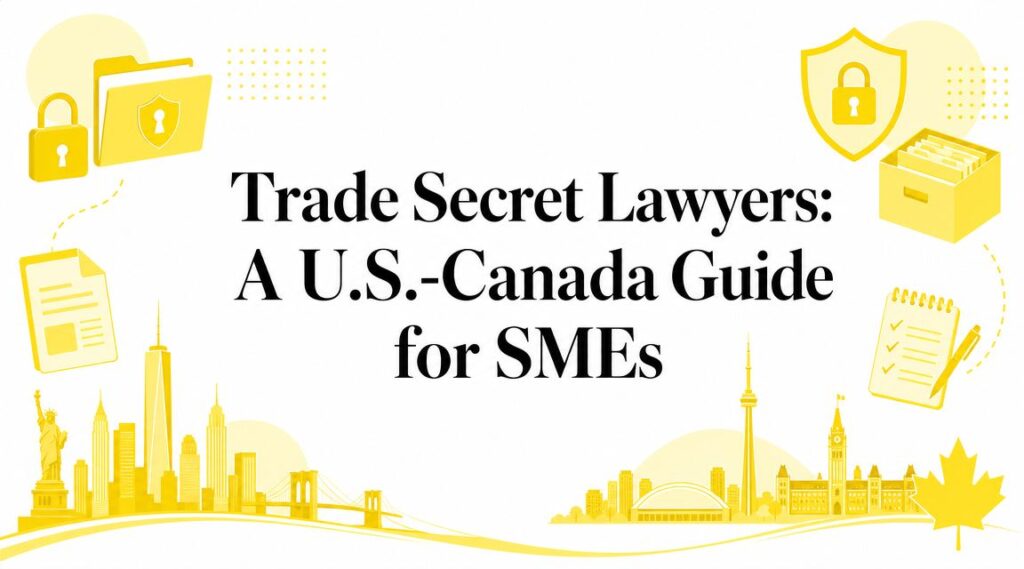 Header banner: Trade Secret Lawyers—A U.S.-Canada Guide for SMEs, with yellow icons and skyline illustration