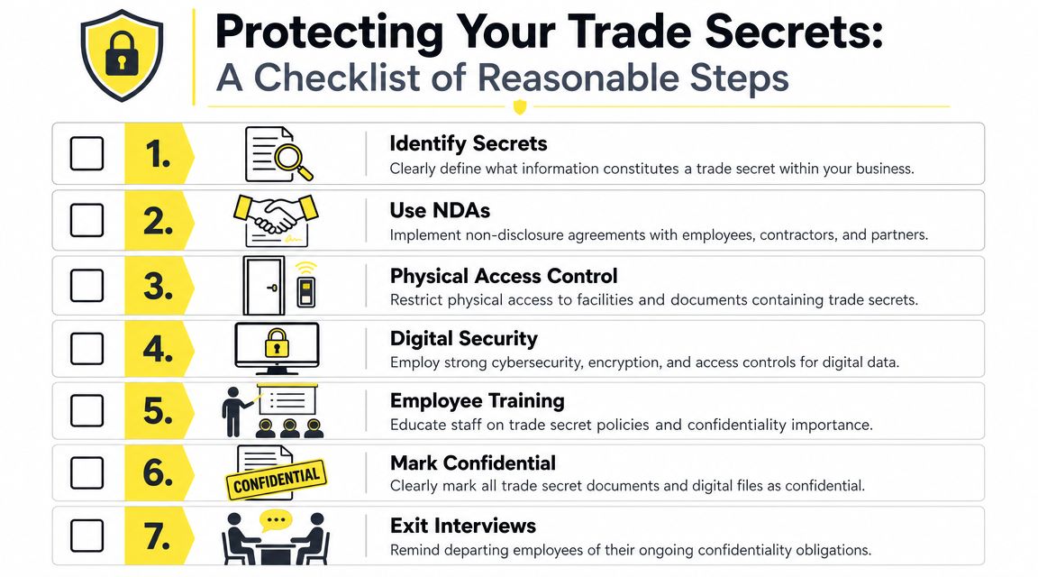 A seven-step checklist infographic outlining reasonable procedures for businesses to protect their proprietary trade secrets effectively.