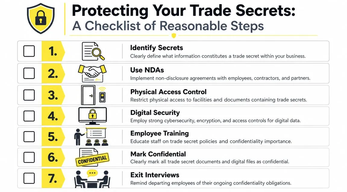 A seven-step checklist infographic outlining reasonable procedures for businesses to protect their proprietary trade secrets effectively.
