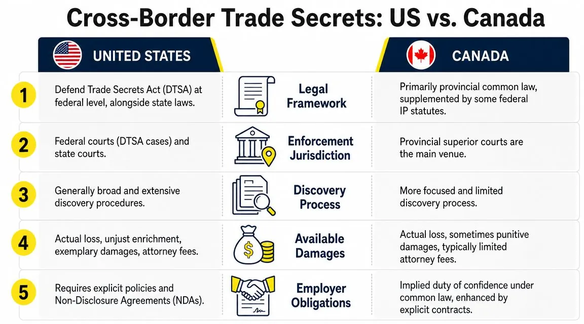 A comparison chart outlining key differences in trade secret laws between the United States and Canada.