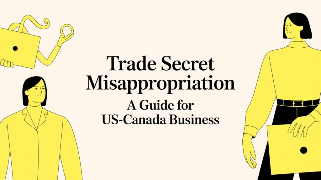 trade-secret-misappropriation-business-professionals - Mayo Law Informational banner about trade secret misappropriation for US-Canada businesses, with yellow illustrated characters and title text in the center.