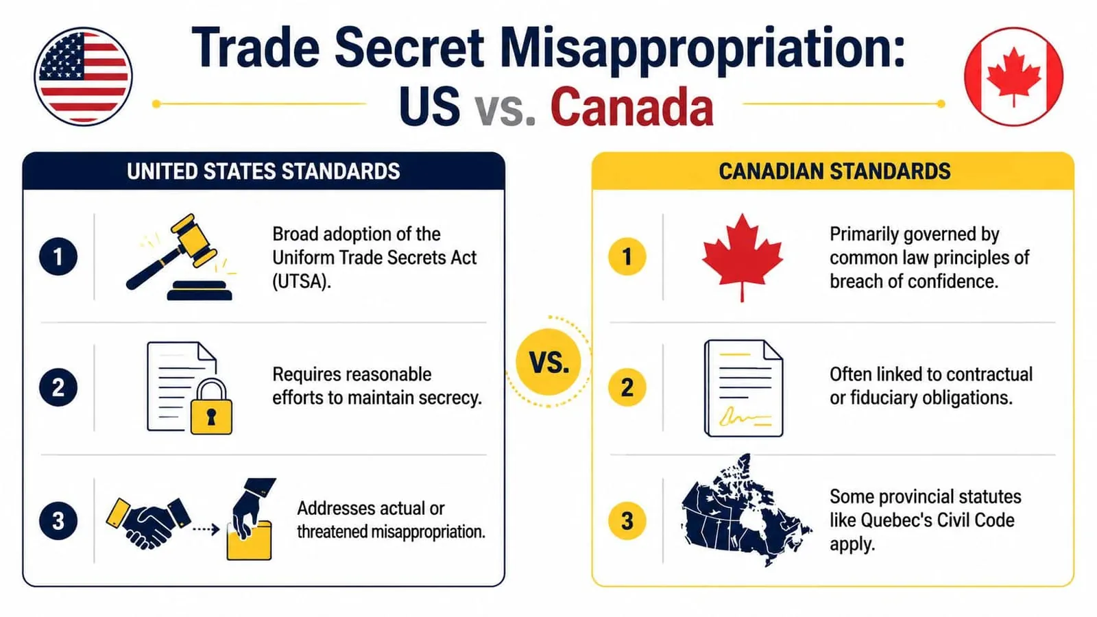 A comparison infographic detailing trade secret misappropriation laws and legal standards between the US and Canada.