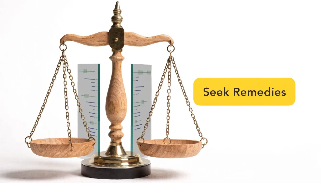 A wooden balance scale symbolizing legal justice with a yellow sign reading Seek Remedies