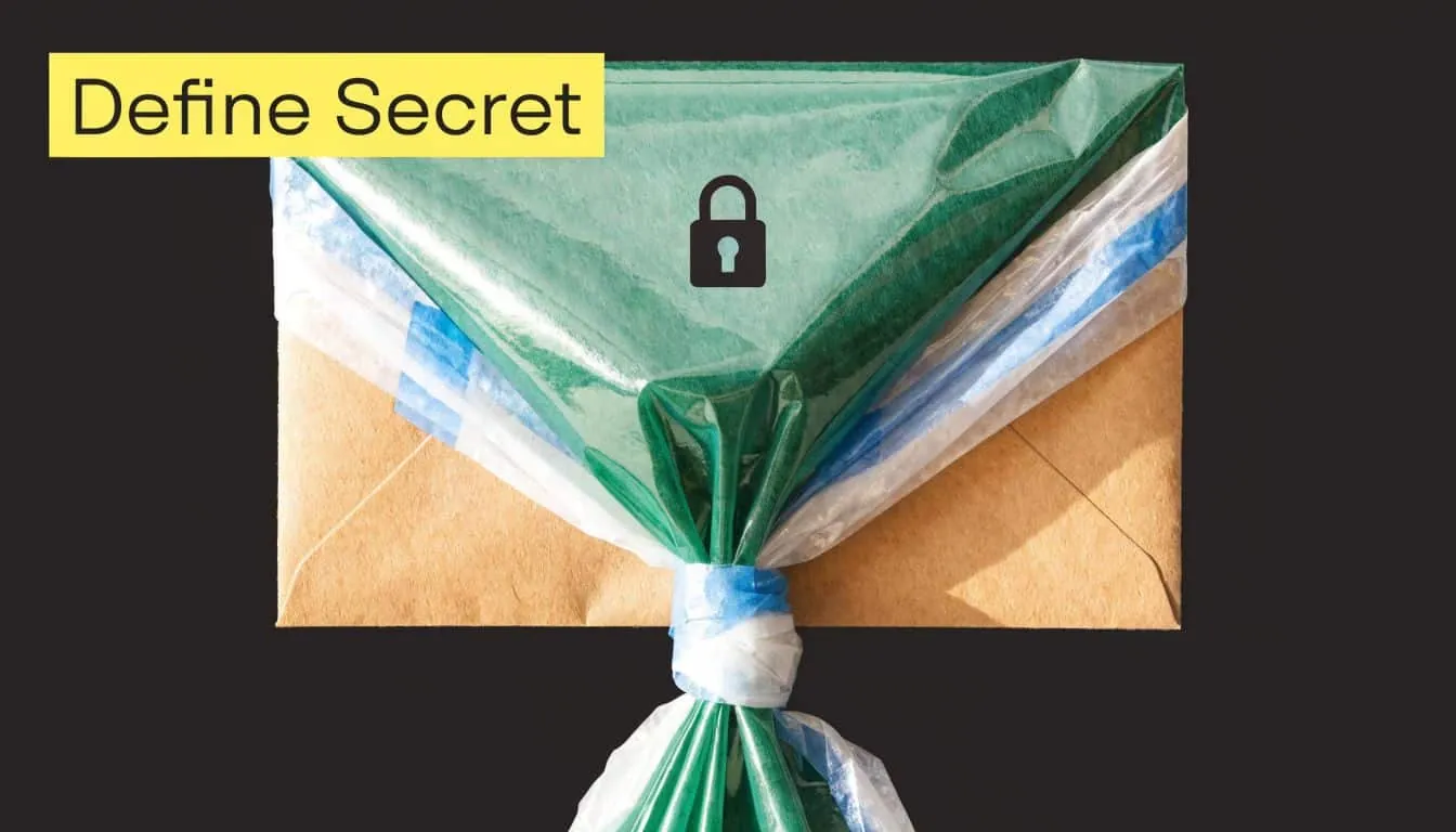 A brown envelope wrapped in green plastic with a digital padlock icon, symbolizing a confidential trade secret.