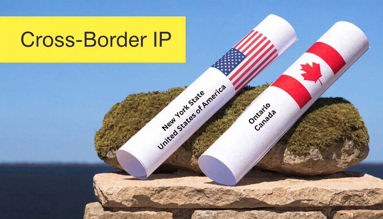 Two paper scrolls featuring the flags of the USA and Canada resting on a stone wall.