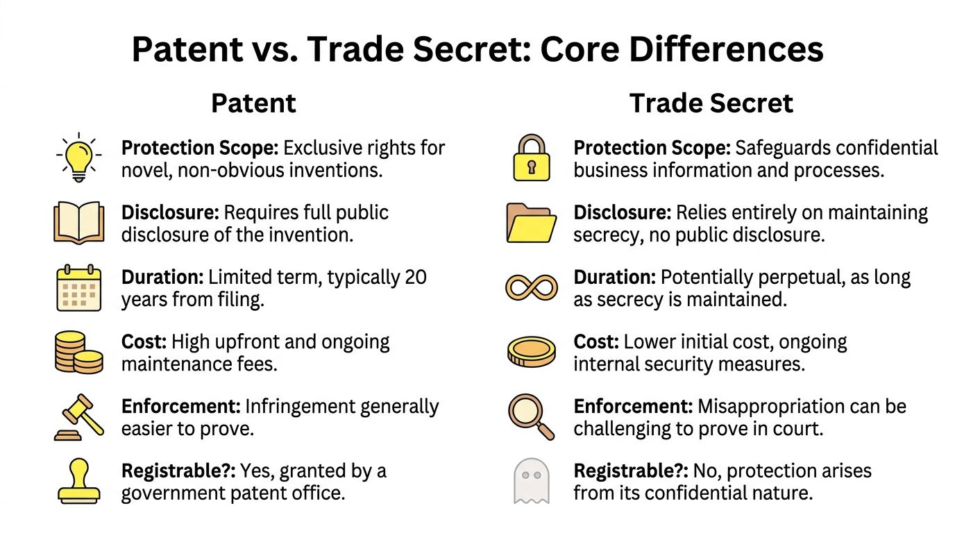 A comparison chart outlining the core differences between patent and trade secret intellectual property protections.