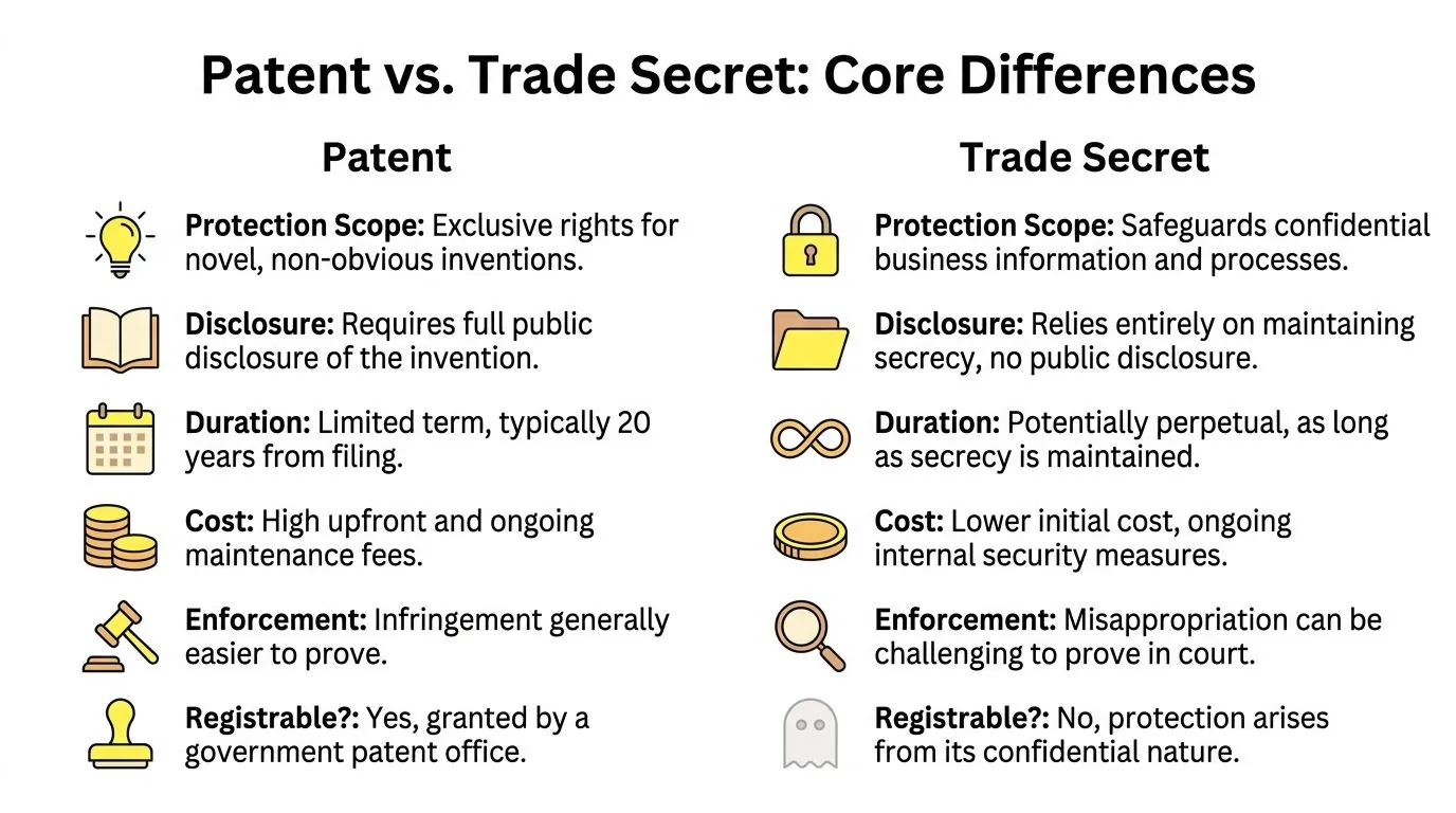 A comparison chart outlining the core differences between patent and trade secret intellectual property protections.