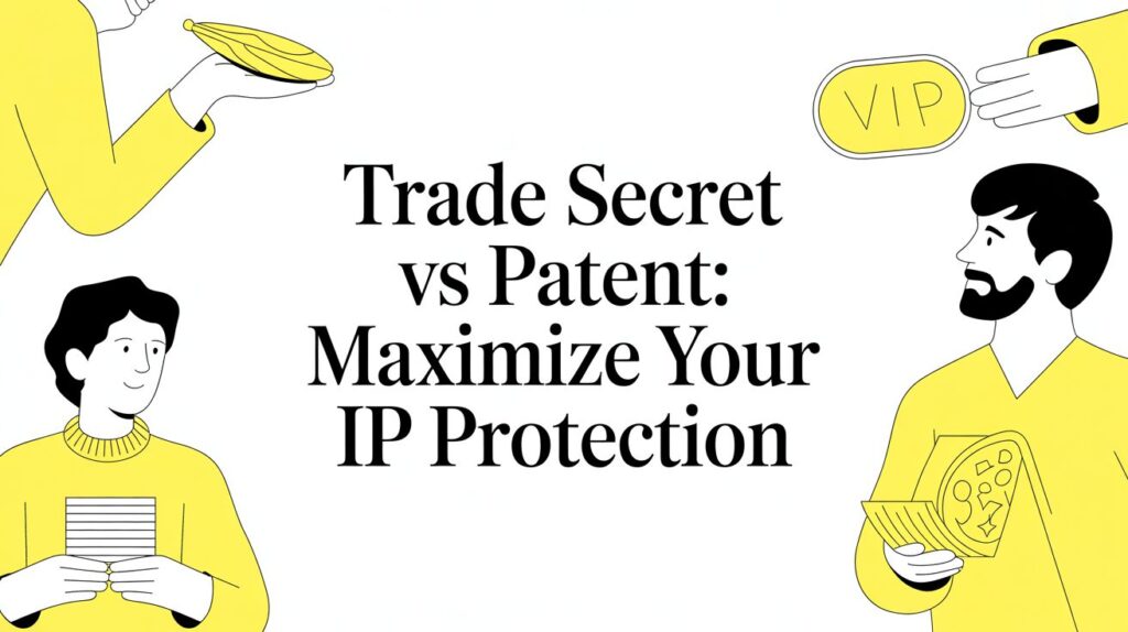 Hero illustration with the title 'Trade Secret vs Patent: Maximize Your IP Protection' and yellow-clad figures presenting items (cookie, plaque) on white background.