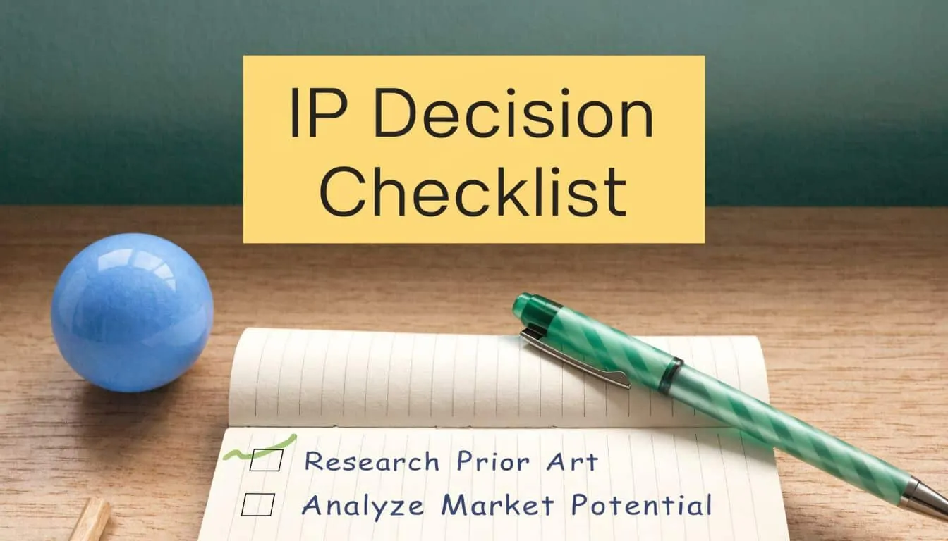A checklist for intellectual property decisions on a notepad with a pen on a wooden desk.
