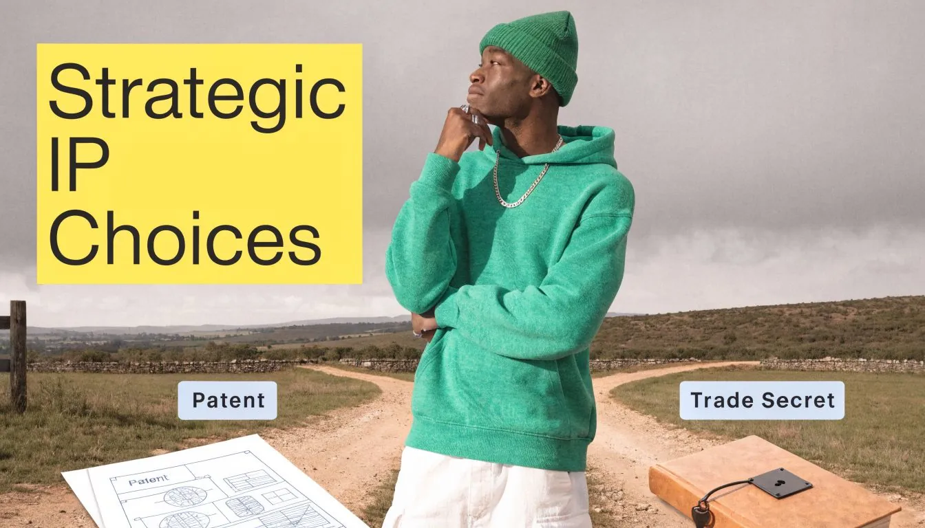 A person in a green hoodie standing at a fork in the road considering intellectual property choices.