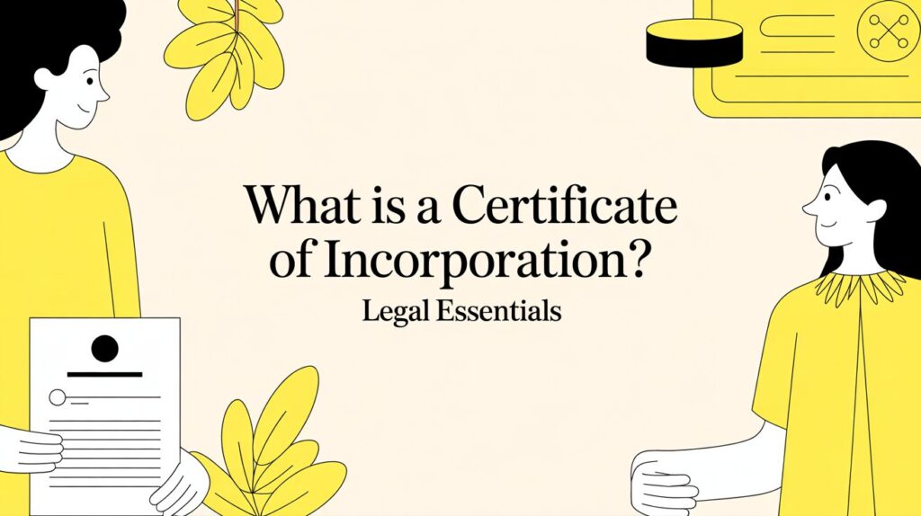 Informative banner: two people in yellow hold documents around the title 'What is a Certificate of Incorporation?' in a beige background, suggesting legal essentials about incorporation.