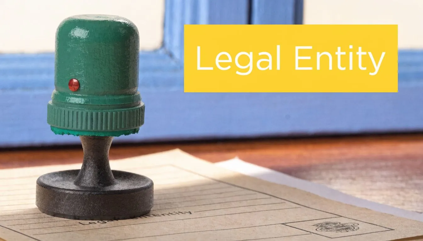 A professional green rubber stamp resting on a document with a yellow Legal Entity text overlay.