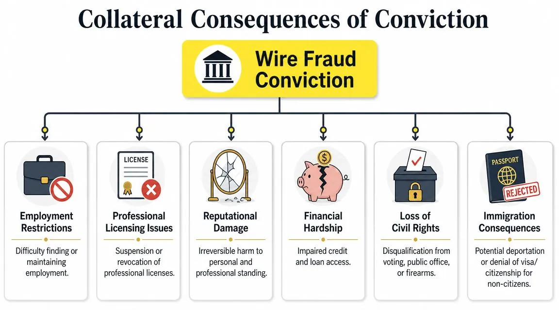 An infographic showing the collateral consequences of a wire fraud conviction including social, financial, and legal impacts.