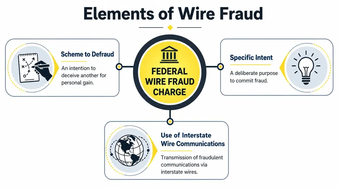 A diagram outlining the three primary legal elements required to establish a federal wire fraud charge.