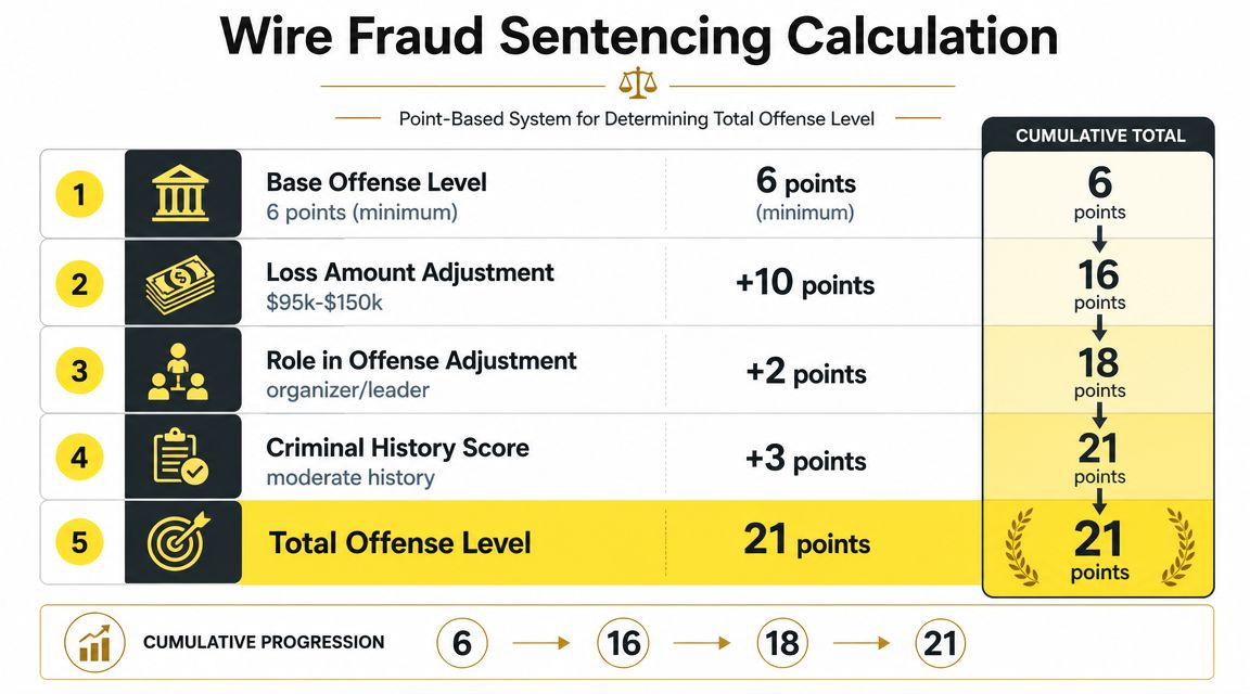 An infographic showing the five-step point-based system for calculating wire fraud sentencing levels in the United States.