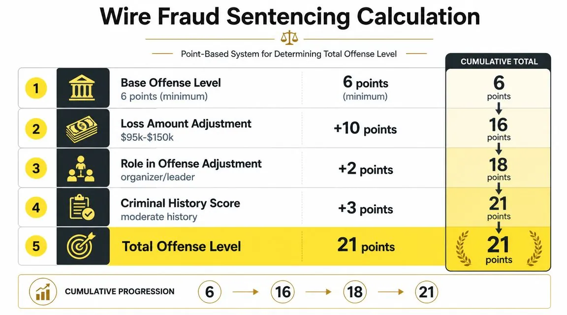 An infographic showing the five-step point-based system for calculating wire fraud sentencing levels in the United States.