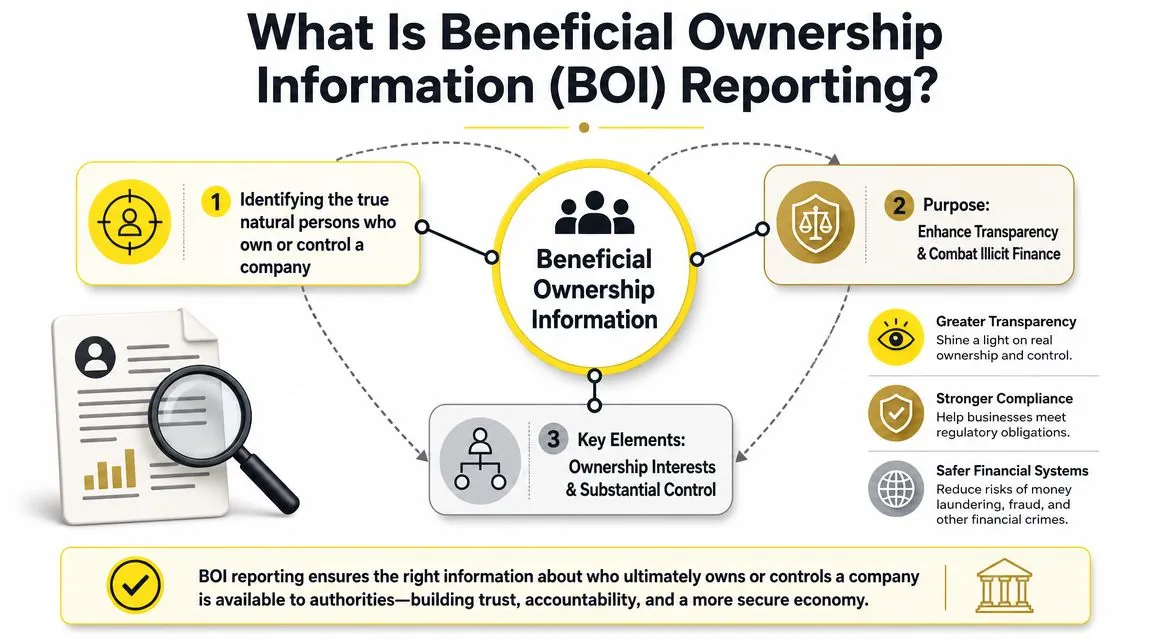 An infographic explaining Beneficial Ownership Information (BOI) reporting, its purpose, key elements, and benefits for financial systems.
