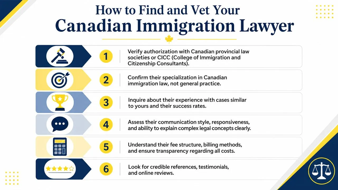 An infographic detailing six essential steps to finding and vetting a qualified Canadian immigration lawyer.