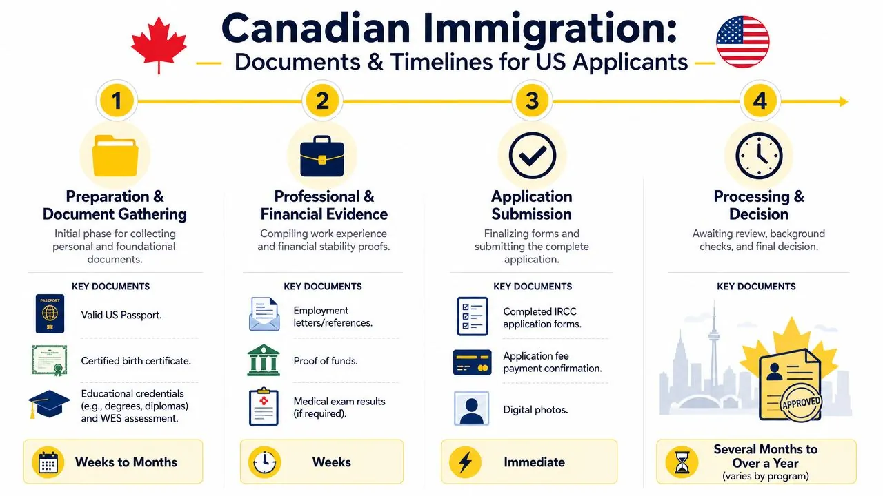 A flowchart detailing the four steps of the Canadian immigration process for US applicants, including required documents and timelines.