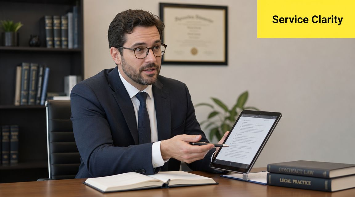 A professional lawyer pointing at a digital tablet with documents while sitting at his desk.