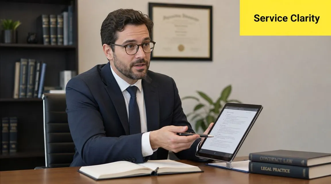 A professional lawyer pointing at a digital tablet with documents while sitting at his desk.