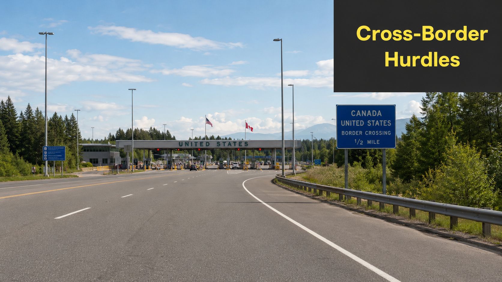A wide view of the United States border crossing facility seen from a highway with mountain backdrop.