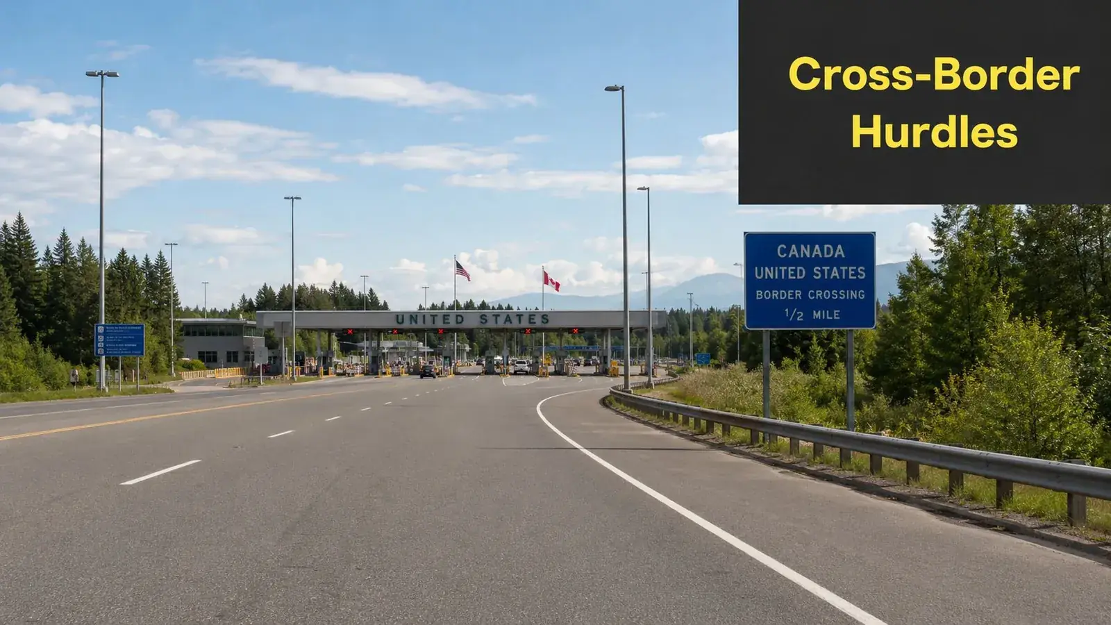 A wide view of the United States border crossing facility seen from a highway with mountain backdrop.