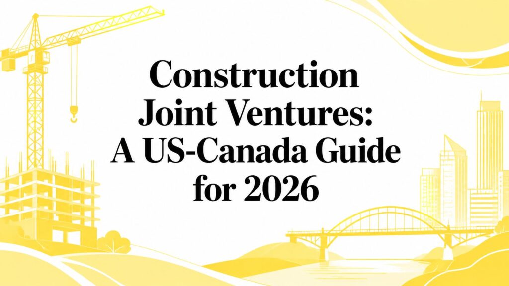 Yellow construction-themed banner with crane and skyline, title 'Construction Joint Ventures: A US-Canada Guide for 2026'