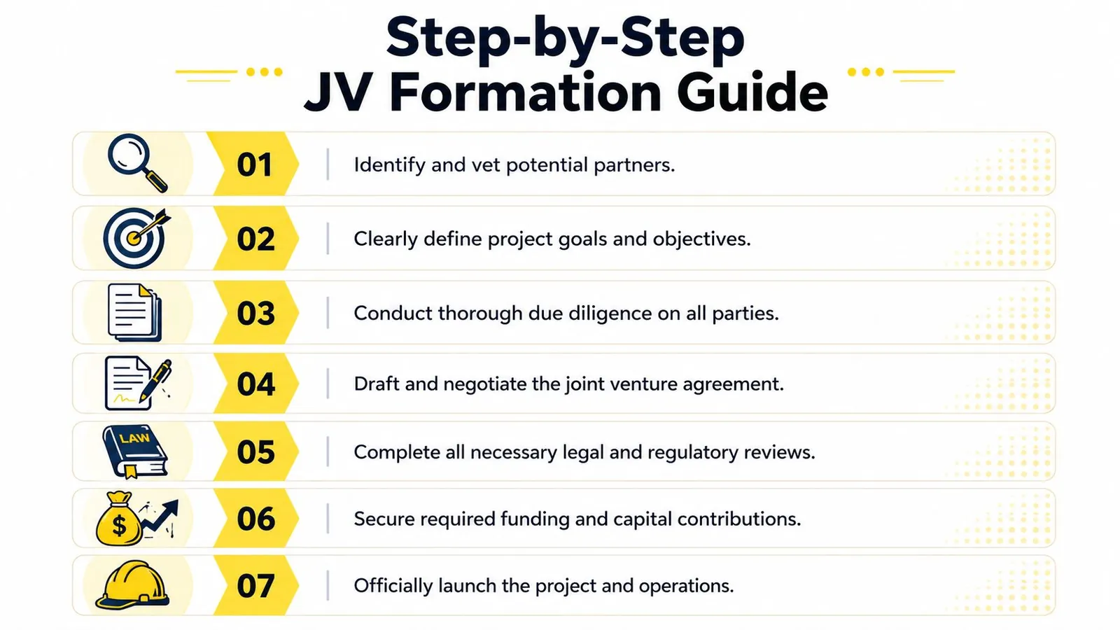 A seven-step flowchart illustration outlining the process for forming a successful business joint venture.