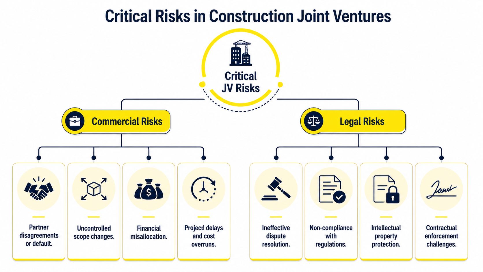 A diagram outlining the critical commercial and legal risks involved in construction joint venture business partnerships.