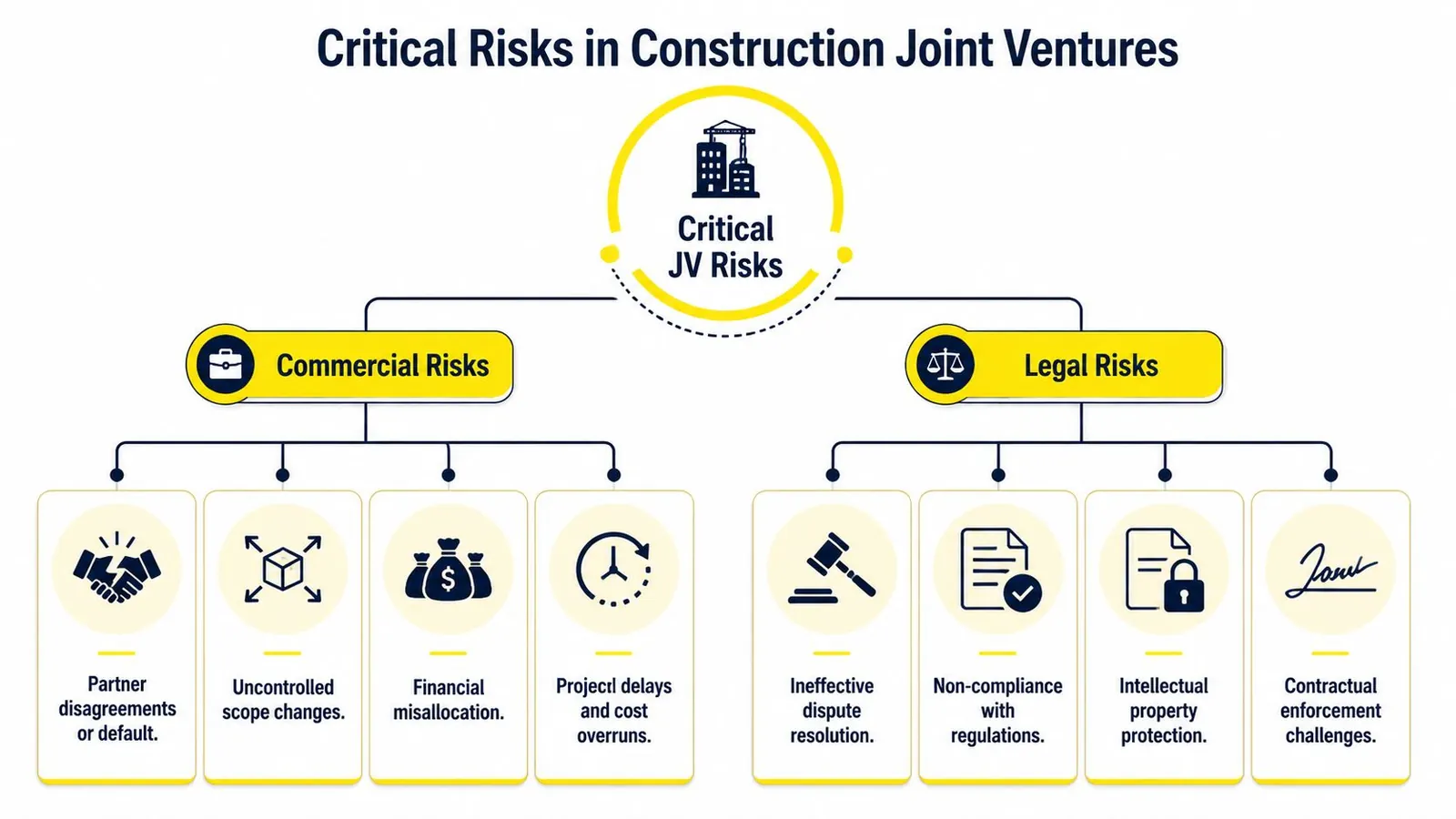 A diagram outlining the critical commercial and legal risks involved in construction joint venture business partnerships.