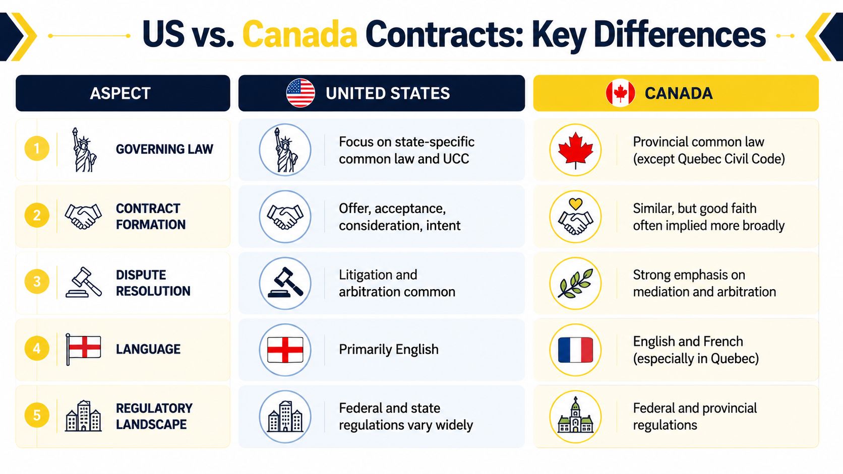 A comparison chart outlining key differences between US and Canadian contract law across five major aspects.
