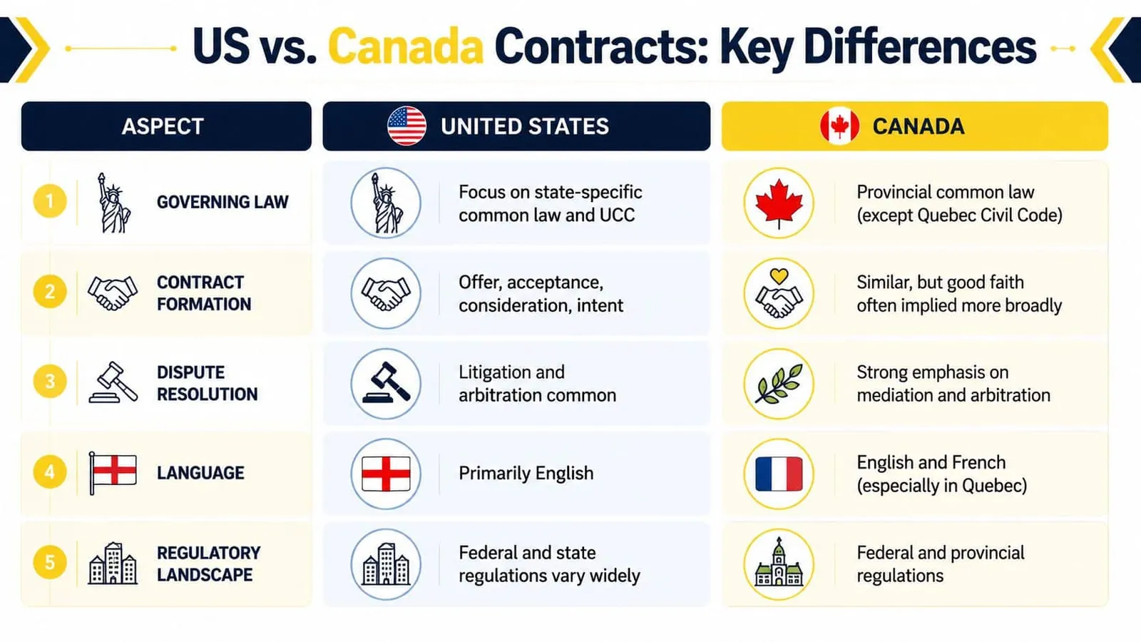 A comparison chart outlining key differences between US and Canadian contract law across five major aspects.