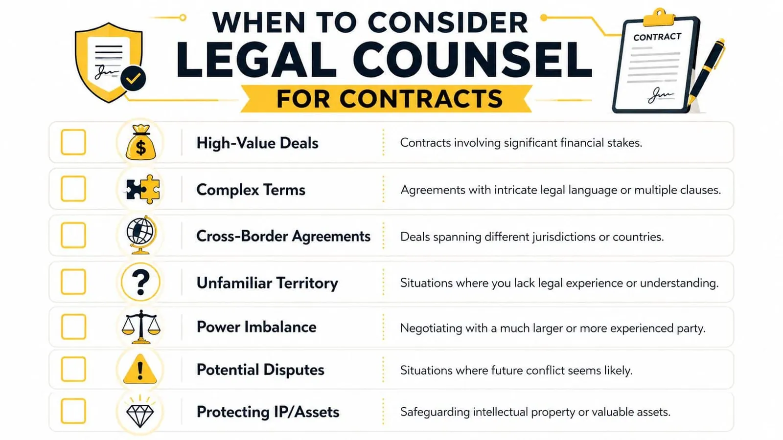 An infographic titled When to Consider Legal Counsel for Contracts listing seven scenarios requiring professional legal advice.