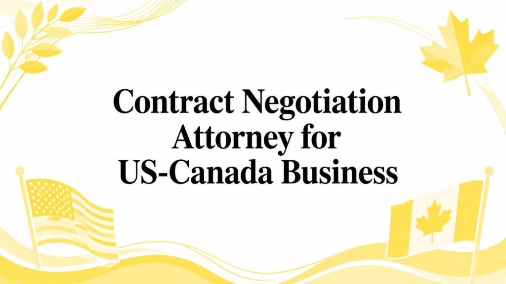 contract-negotiation-attorney-legal-services - Mayo Law Banner announcing a contract negotiation attorney for US-Canada business, with yellow decorative leaves and US/Canada flags in the corners