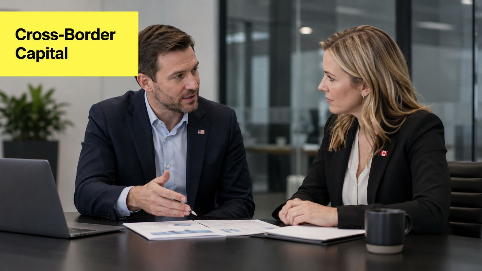 A professional man and woman in business attire discussing financial documents at an office conference table.