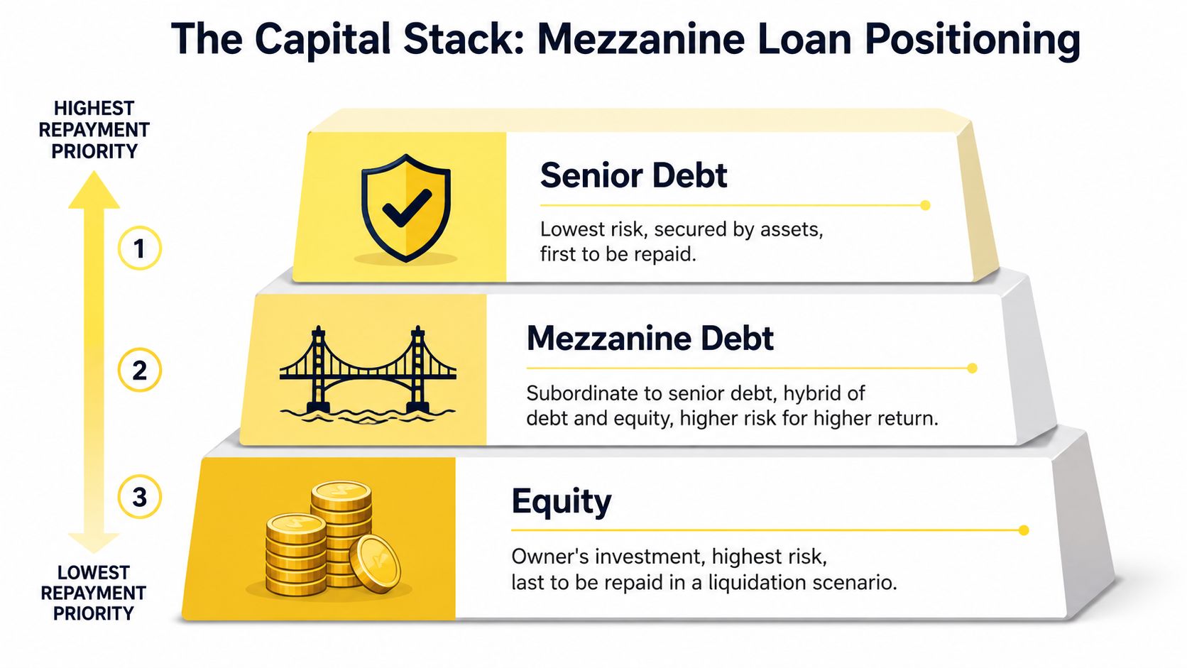 A diagram illustrating the capital stack structure, showing the repayment priority of senior debt, mezzanine debt, and equity.